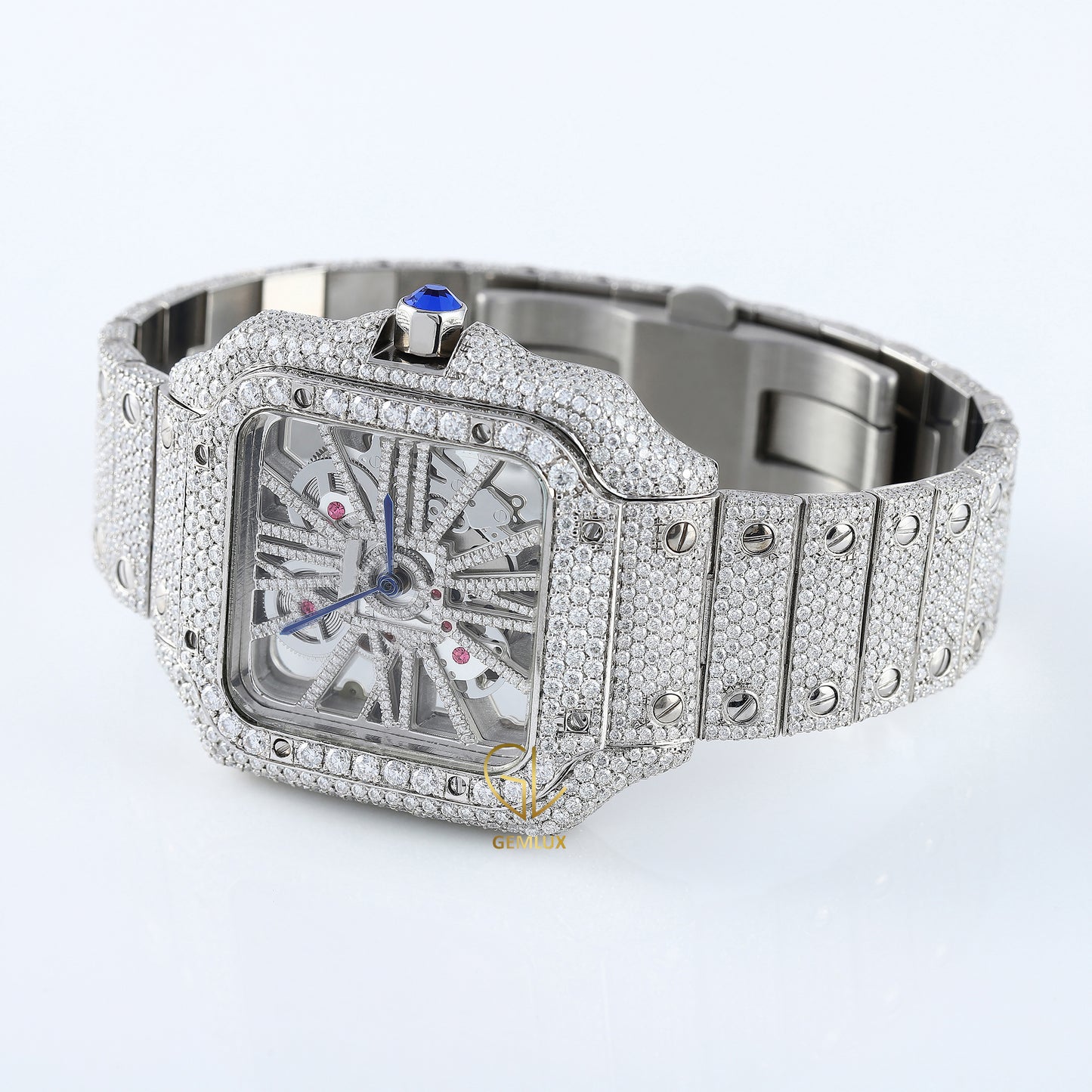 Square Skelton Dial Iced Out VVS Moissanite Diamond Wrist Watch