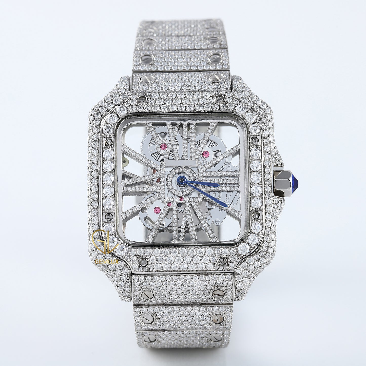 Square Skelton Dial Iced Out VVS Moissanite Diamond Wrist Watch