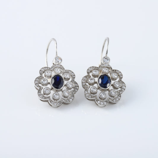 Vintage Art Deco Earrings Floral Halo Lever Back Blue Sapphire Antique Earrings