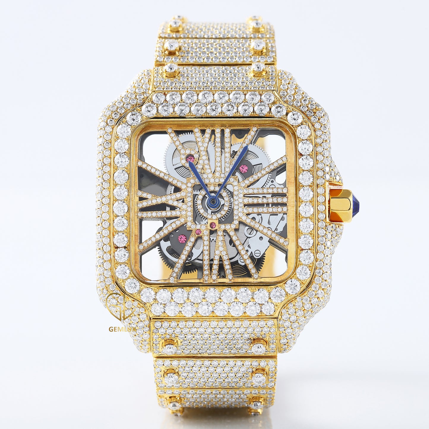 Skelton Dial Yellow Gold Plated Iced Out D VVS Moissanite Watch