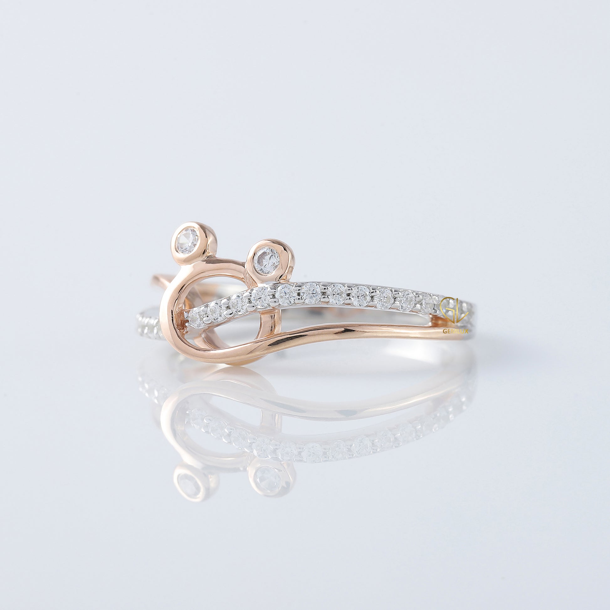 Cross Over Two Tone Minnie Mickey Mouse Face Moissanite Ring