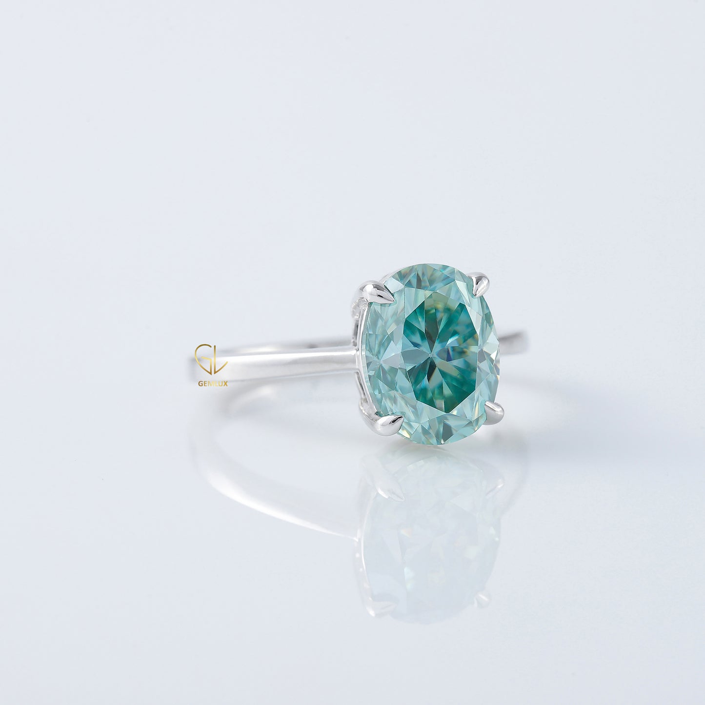 Blue Aquamarine Oval Cut Moissanite Solitaire Ring