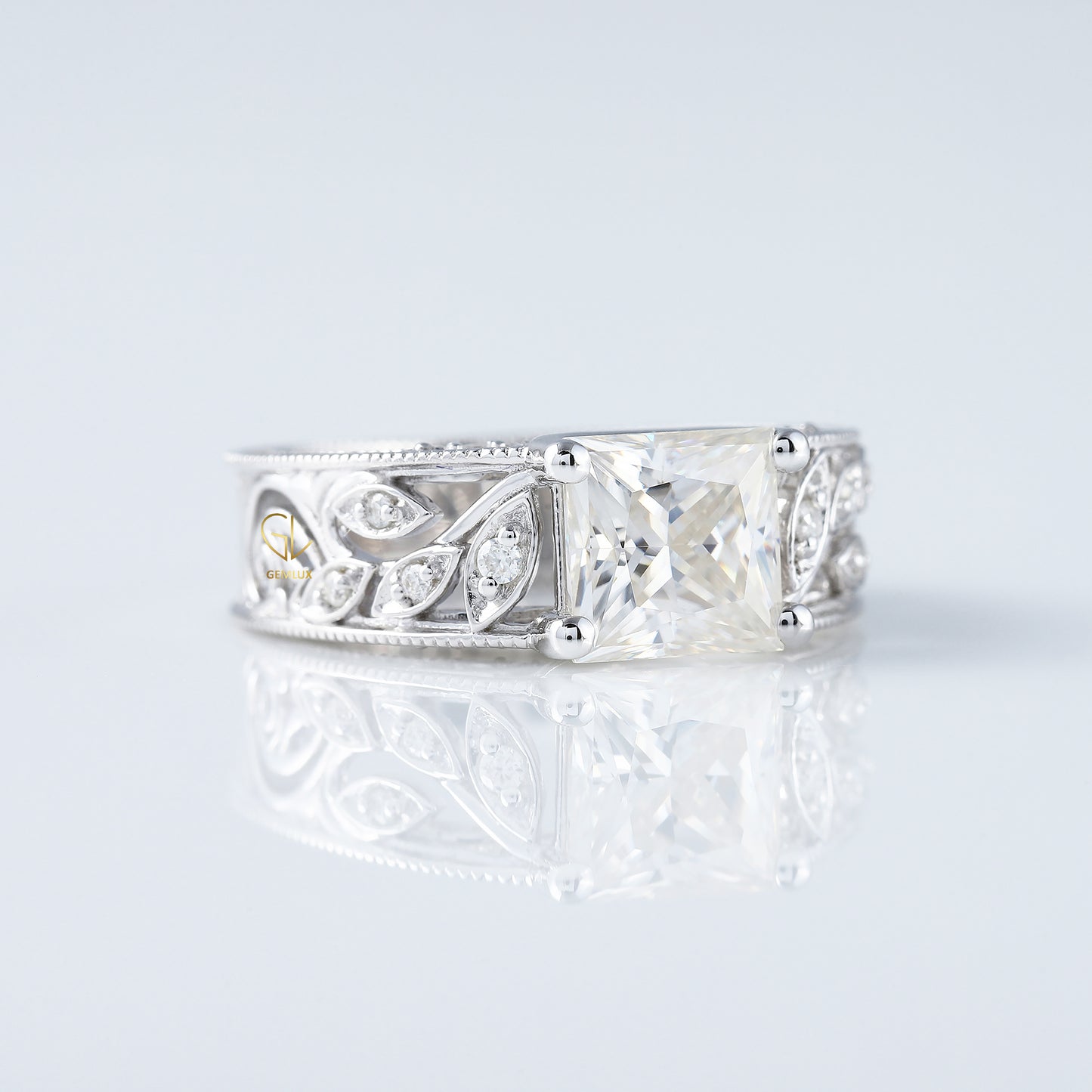 Vintage Leaf Inspired Princess Cut Moissanite Filigree Wide Band