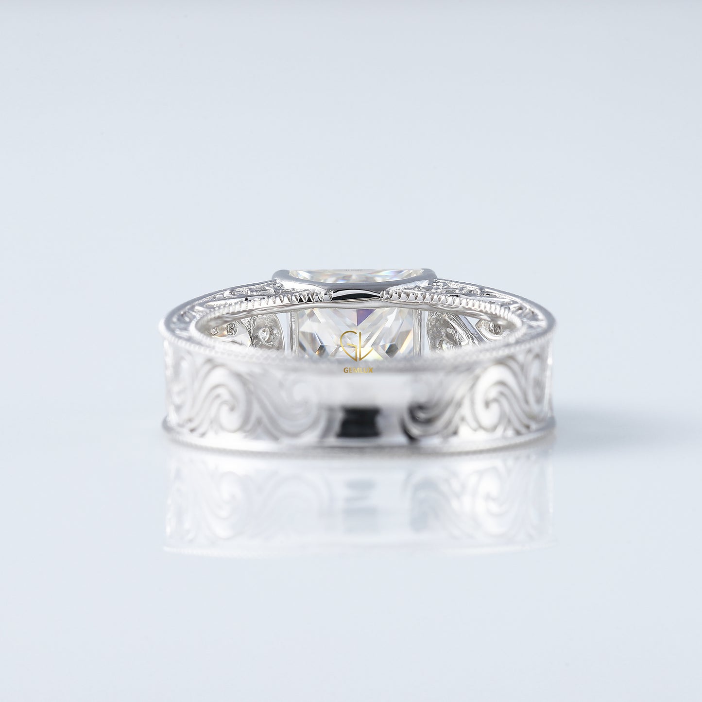 Vintage Leaf Inspired Princess Cut Moissanite Filigree Wide Band