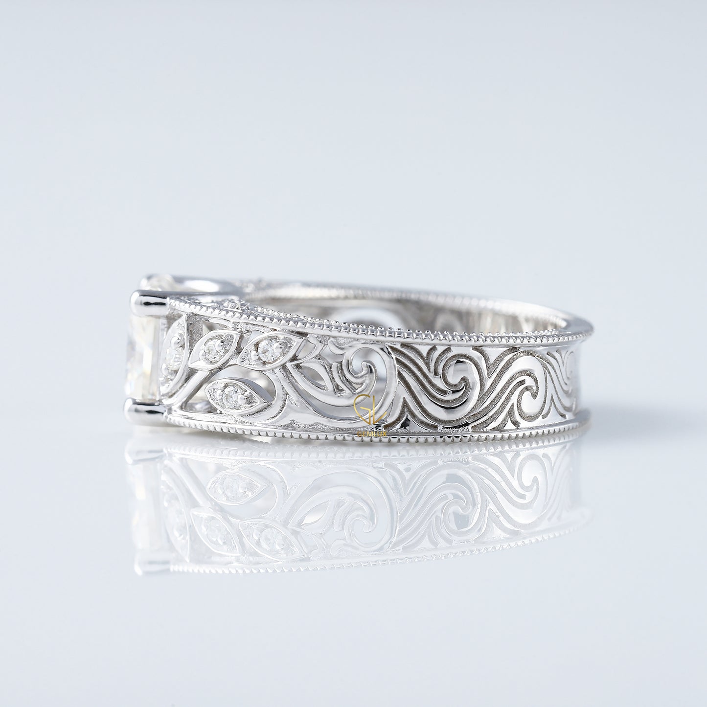 Vintage Leaf Inspired Princess Cut Moissanite Filigree Wide Band