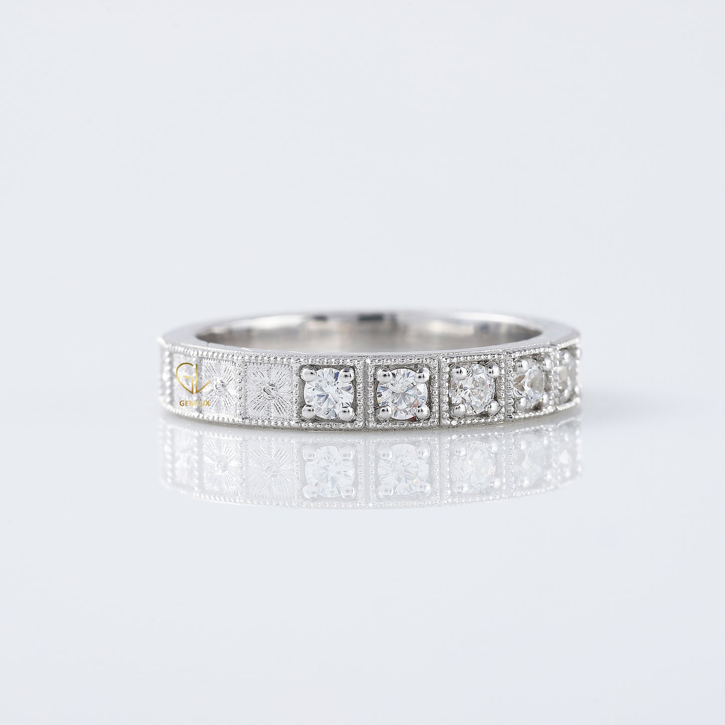 Five Stone Moissanite Antique Milgrain Wedding Band