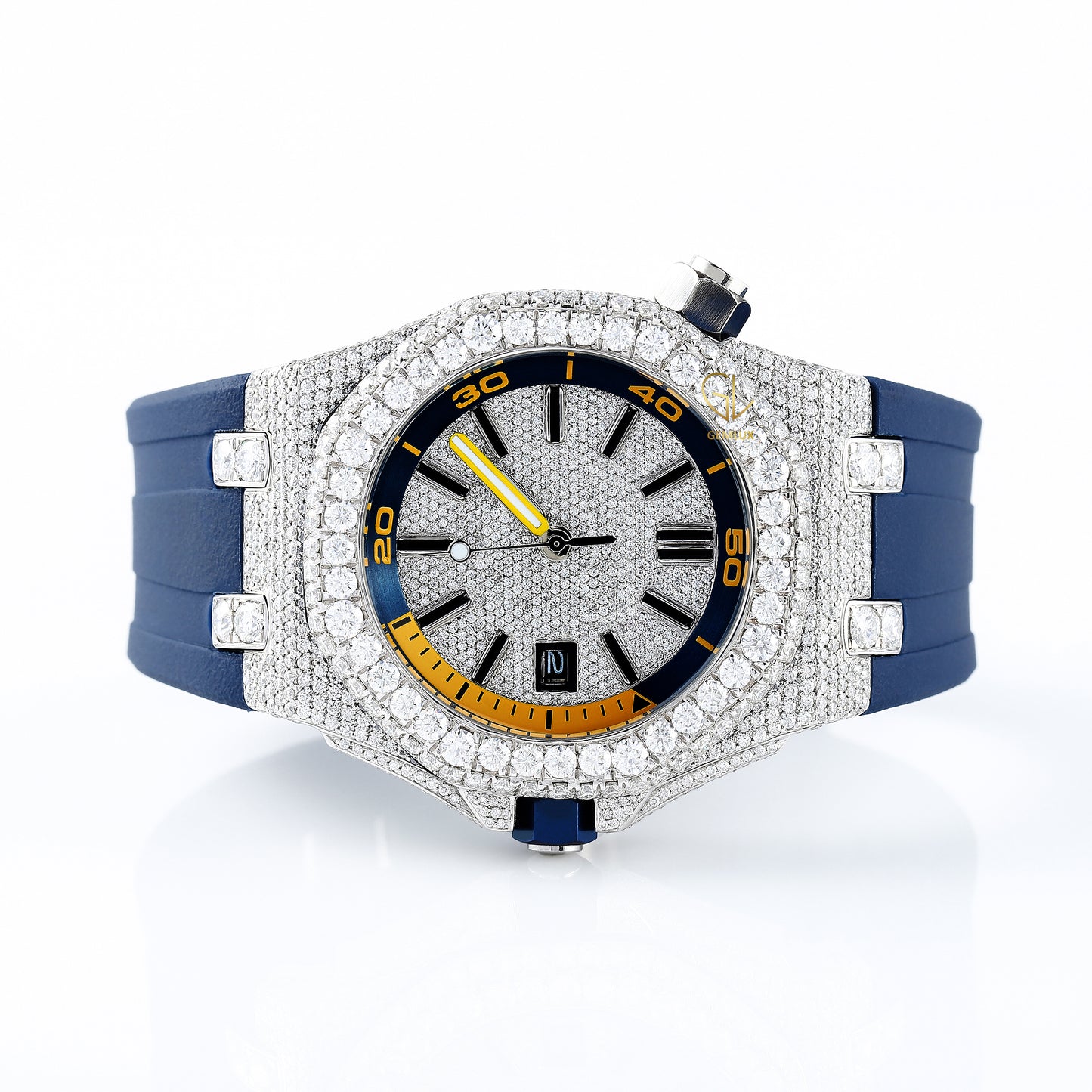Iced Out Dial D VVS Moissanite Blue Rubber Strap Watch
