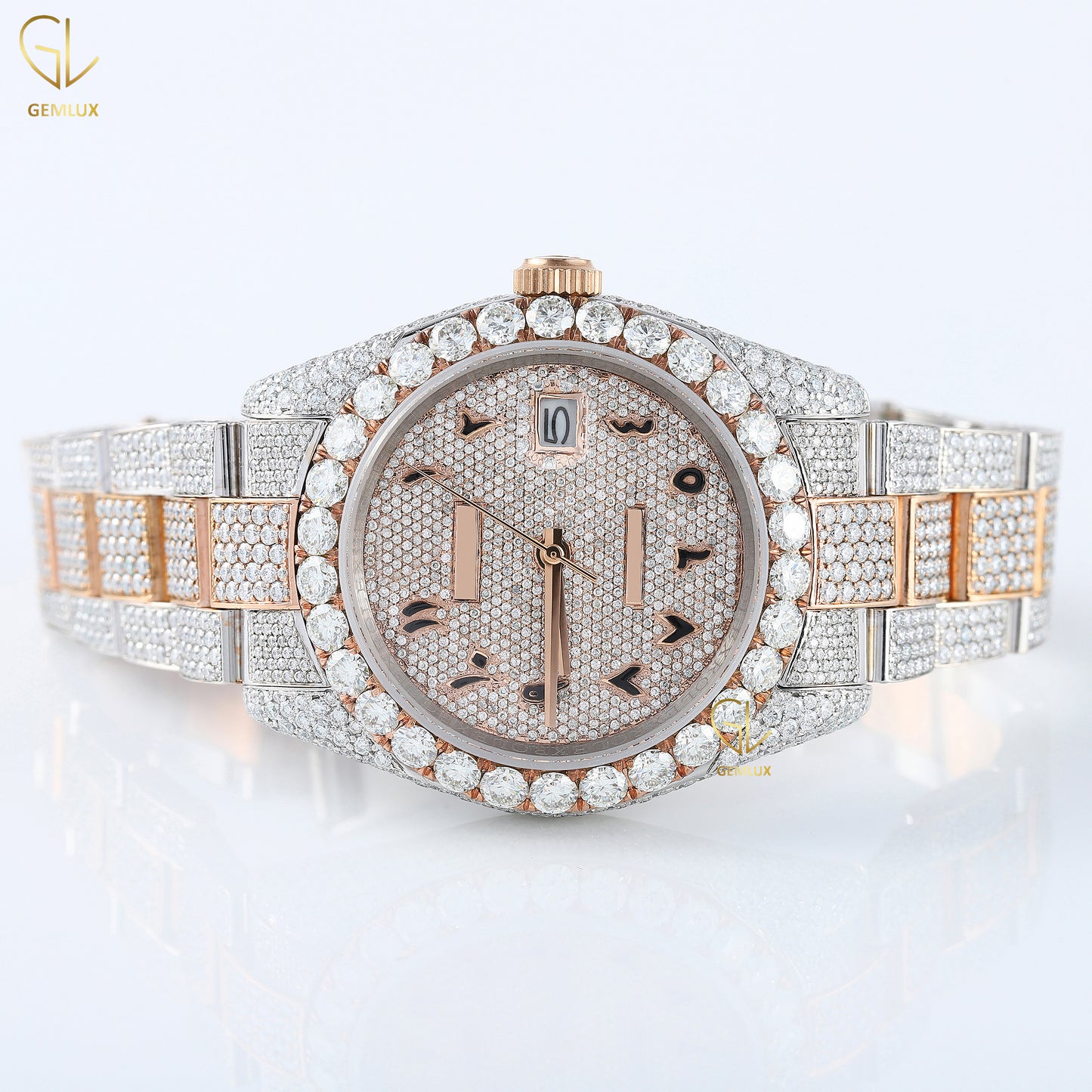 Two Tone Rose Gold Iced Out Arabic Dial Lab Grown Diamond Watch