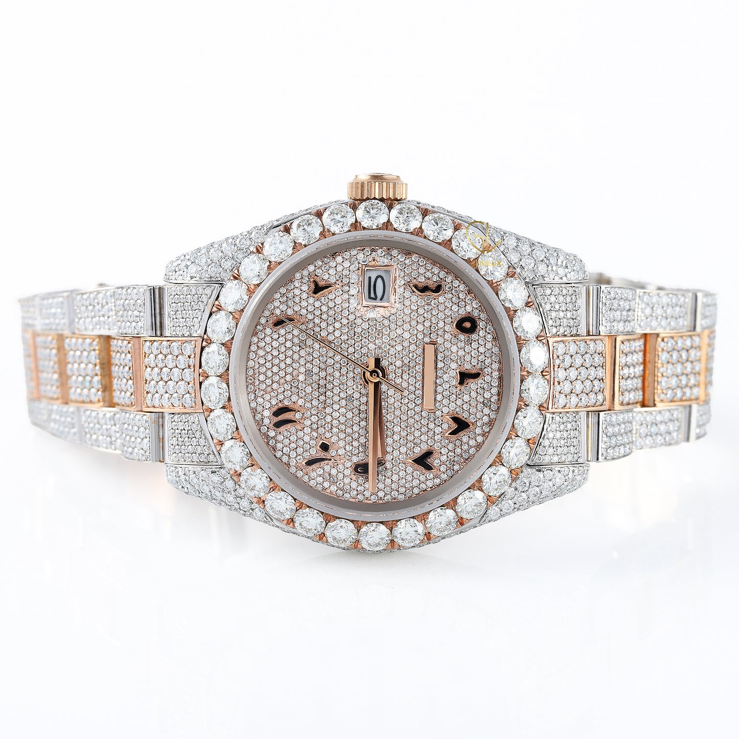 Arabic Dial Iced Out VVS Moissanite Rose Gold Plated Two Tone Watch