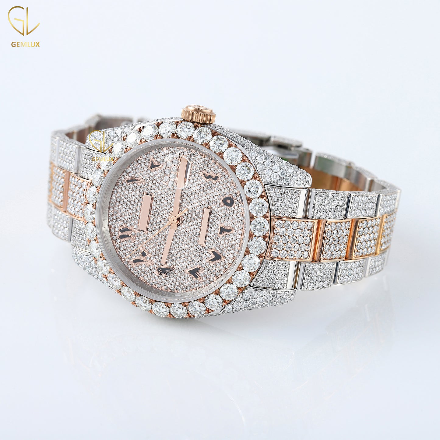 Two Tone Rose Gold Iced Out Arabic Dial Lab Grown Diamond Watch
