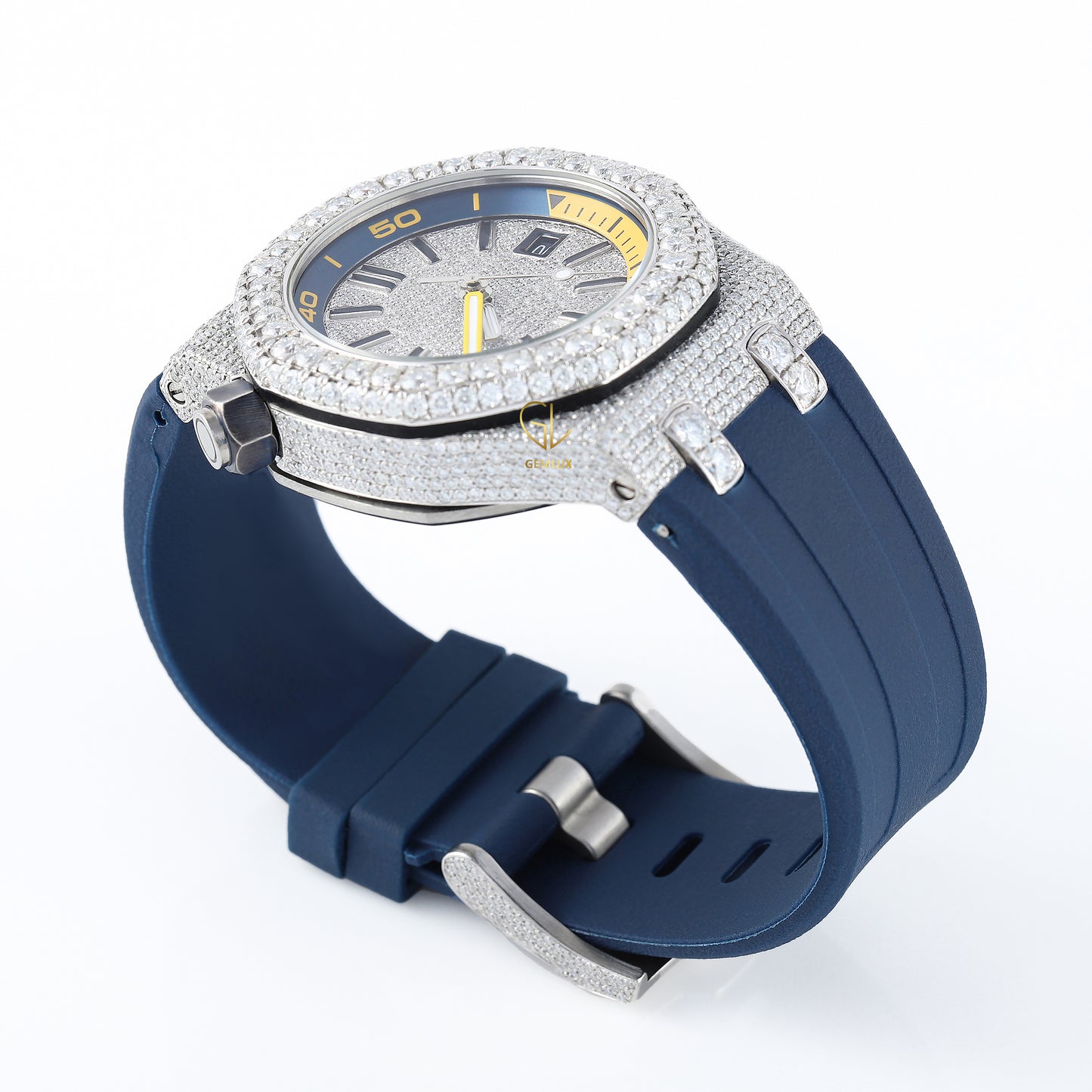 Iced Out Dial D VVS Moissanite Blue Rubber Strap Watch