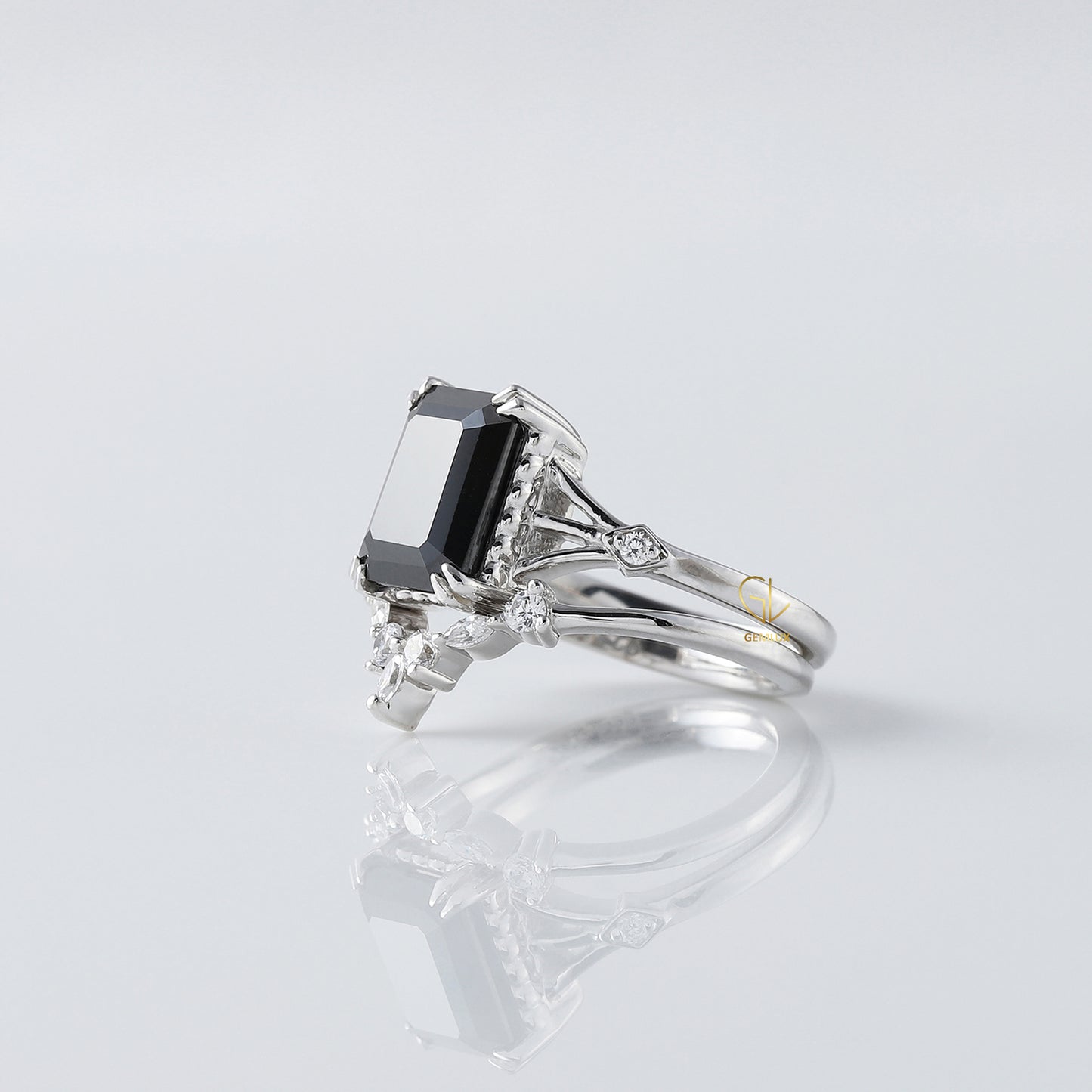 Black Emerald Cut Moissanite Diamond Ring With Curved Matching Bridal Ring Set