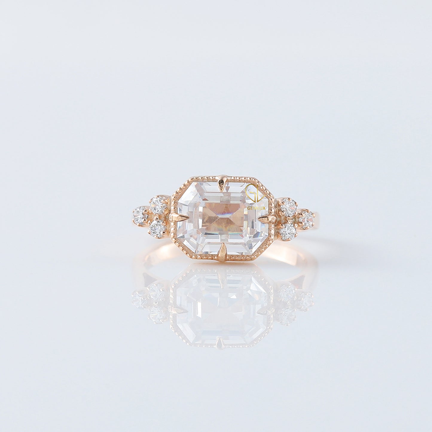 Art Deco East to West Emerald Cut Moissanite Diamond Engagement Ring