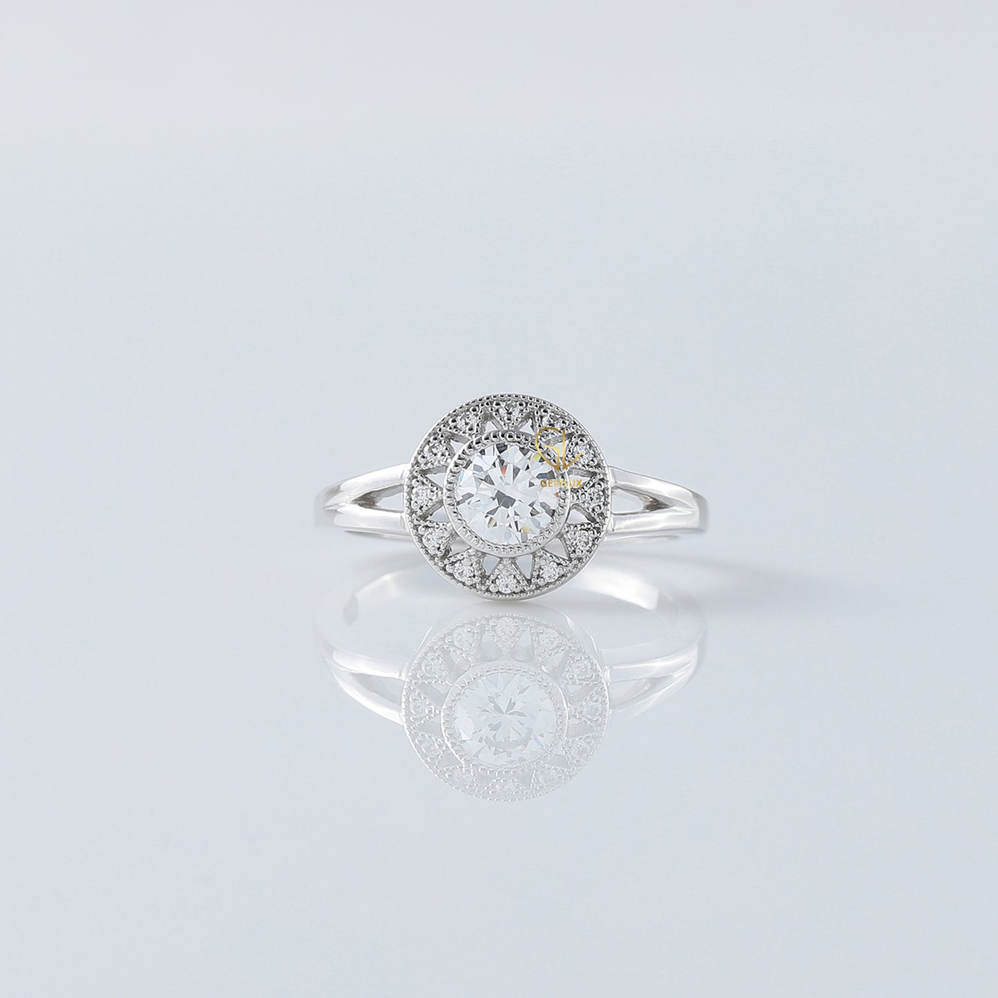 Art Deco Split Shank Round Cut Moissanite Diamond Halo Engagement Ring