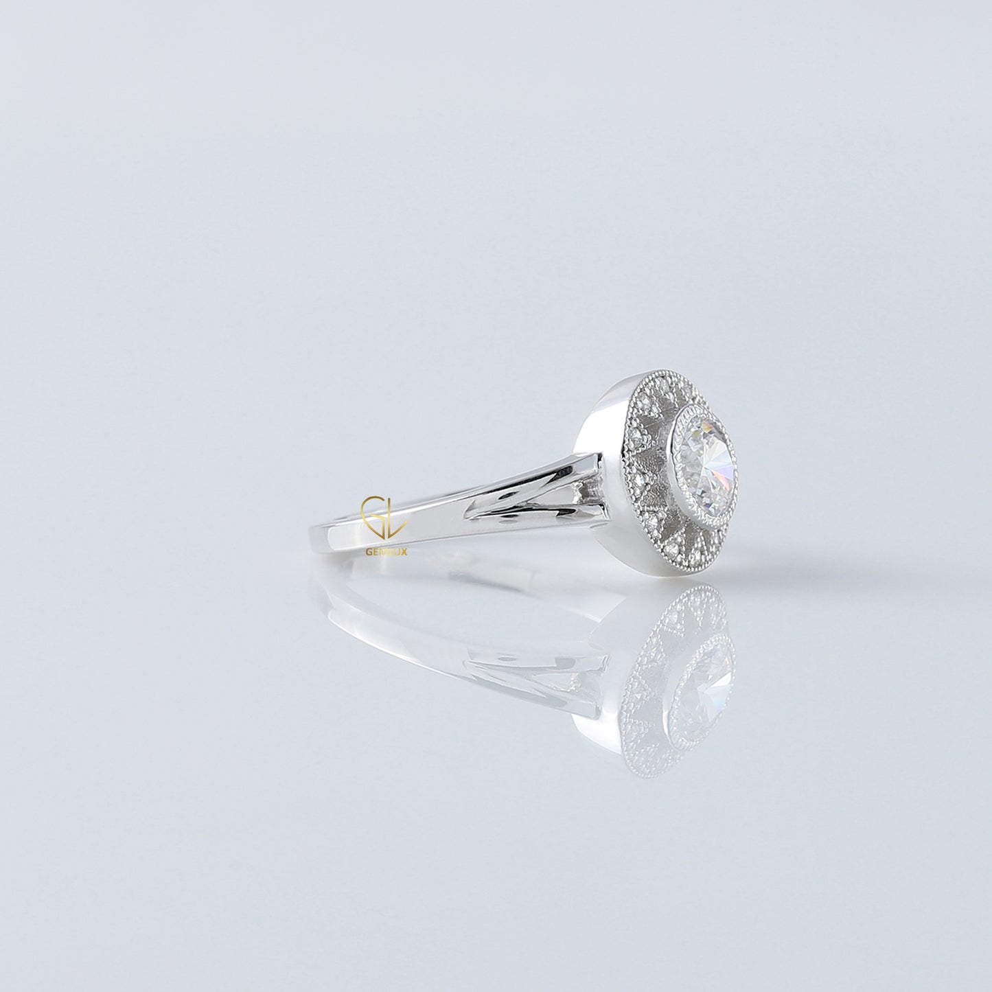 Art Deco Split Shank Round Cut Moissanite Diamond Halo Engagement Ring