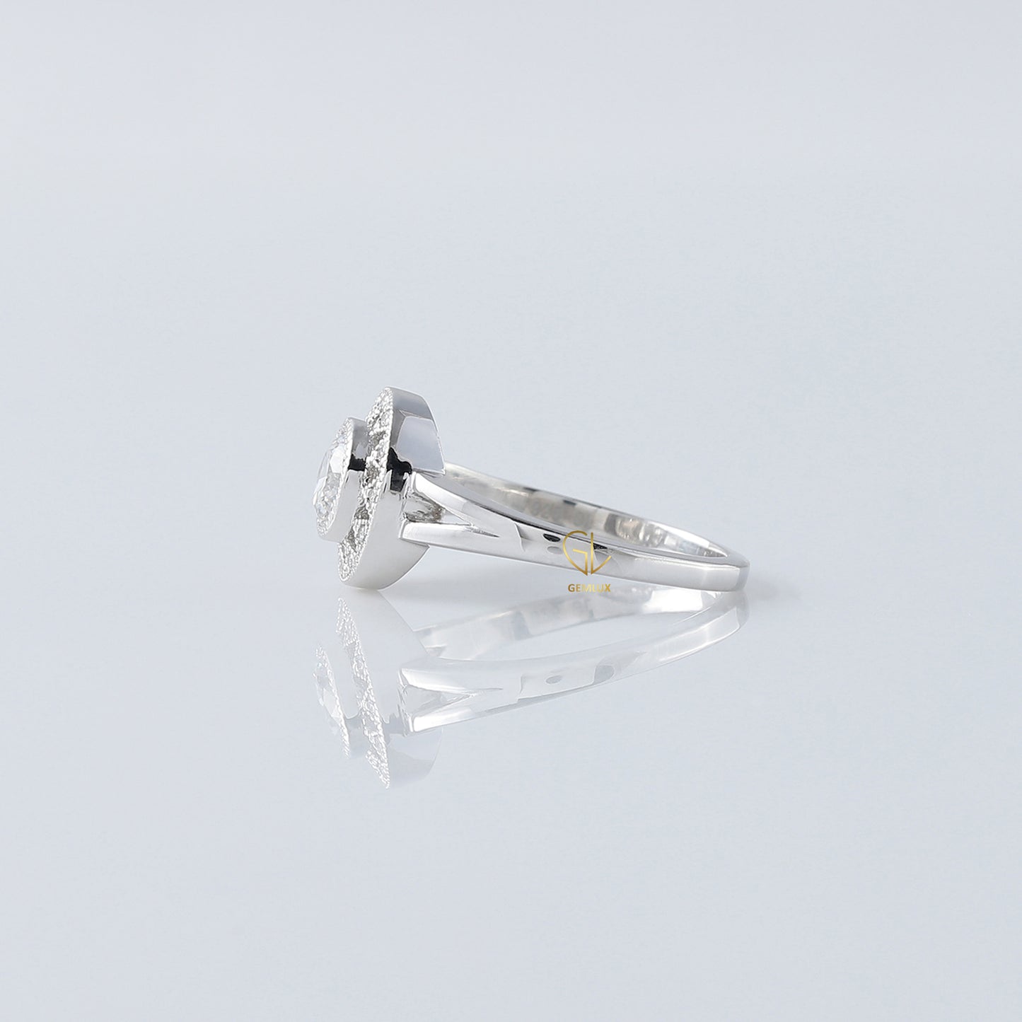 Art Deco Split Shank Round Cut Moissanite Diamond Halo Engagement Ring