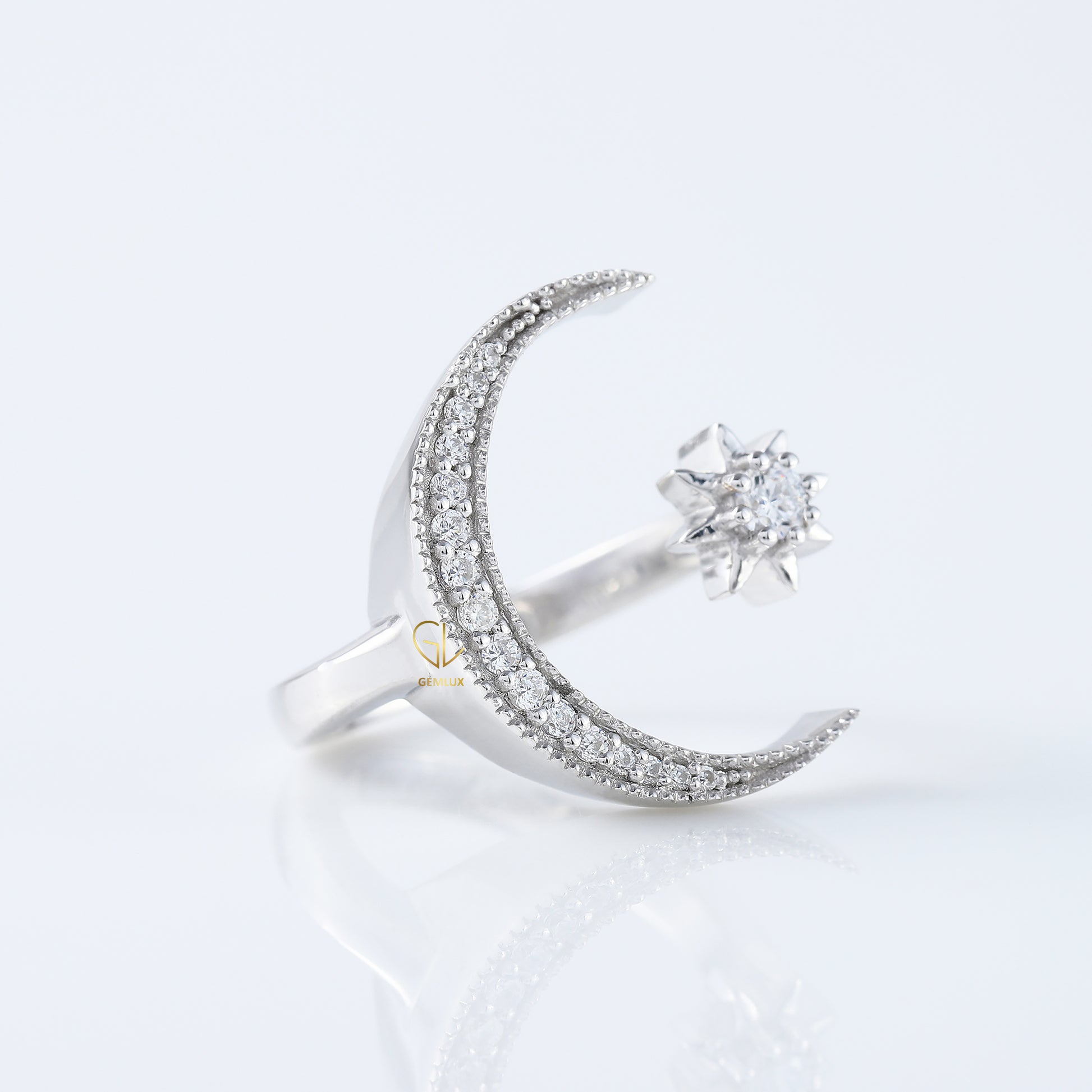 14k White Gold Open Cuff Moon Star Celestial Ring