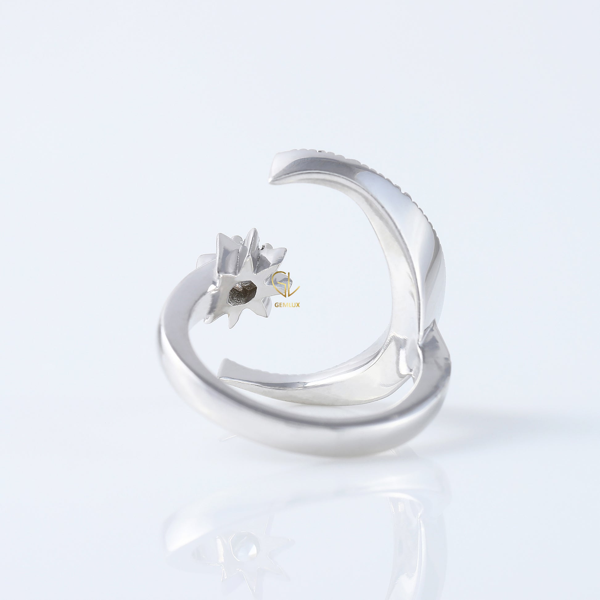 14k White Gold Open Cuff Moon Star Celestial Ring