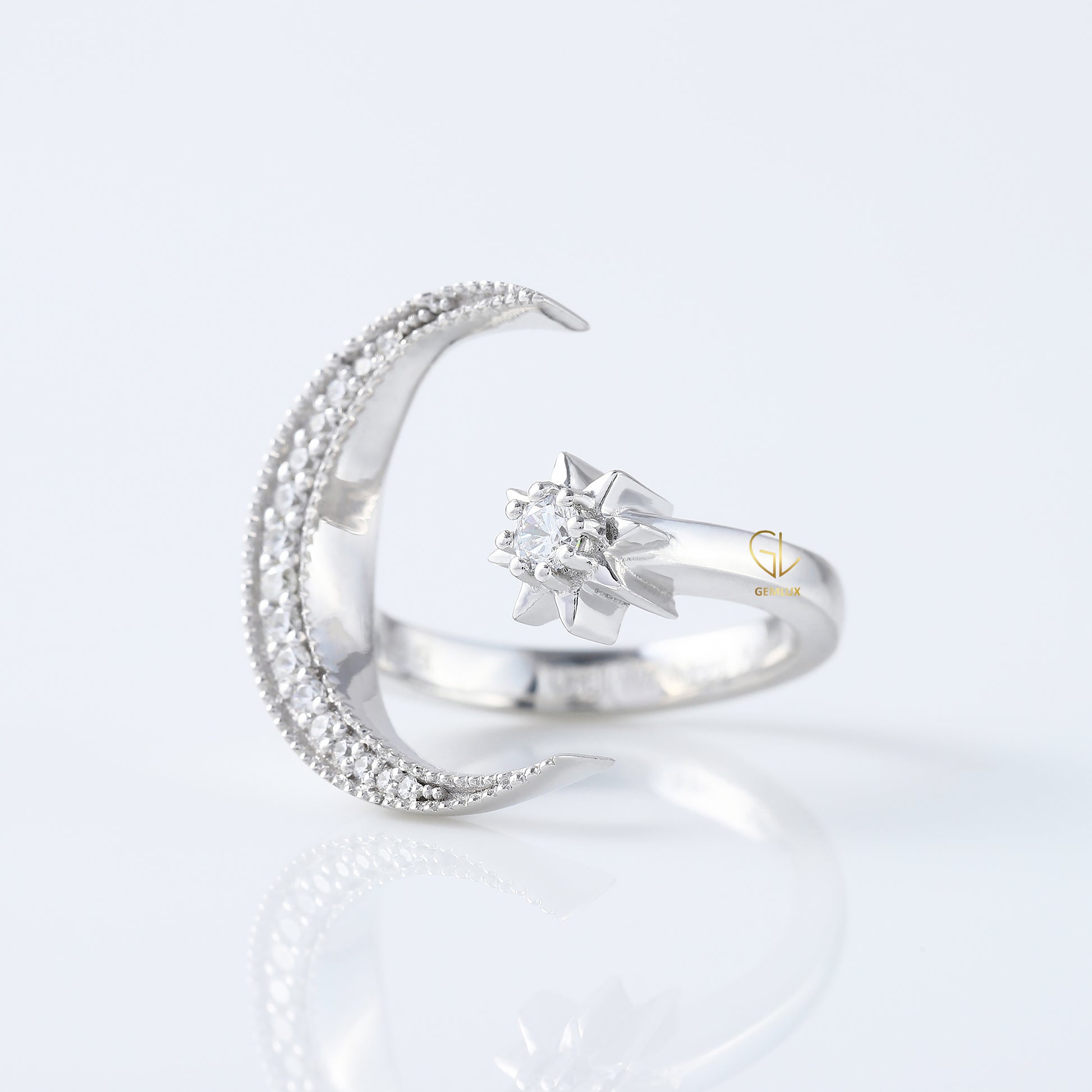 14k White Gold Open Cuff Moon Star Celestial Ring