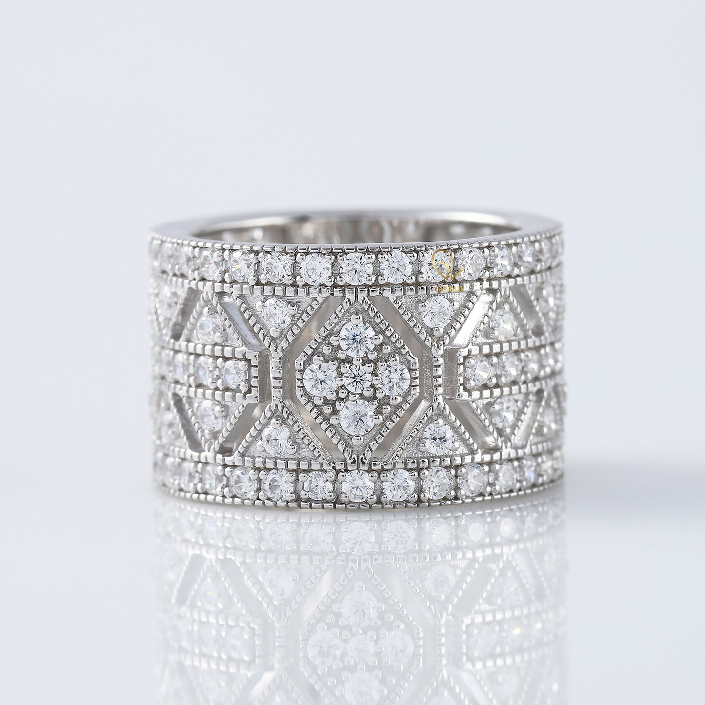 12mm Vintage Style Round Moissanite Art Deco Milgrain Wide Band