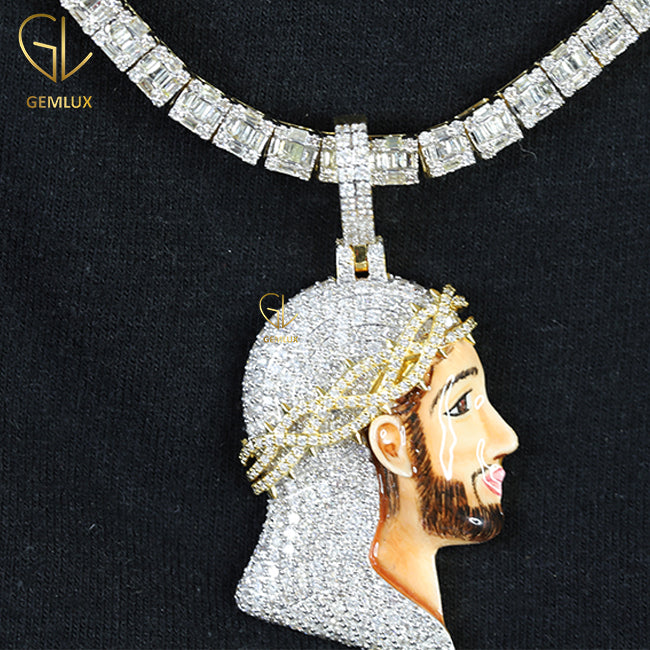 Iced Out Big Cross Crown Jesus Enamel Pendant Mens