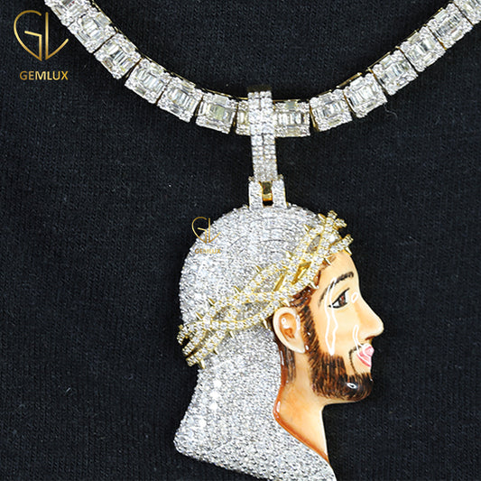 Iced Out Big Cross Crown Jesus Enamel Pendant Mens