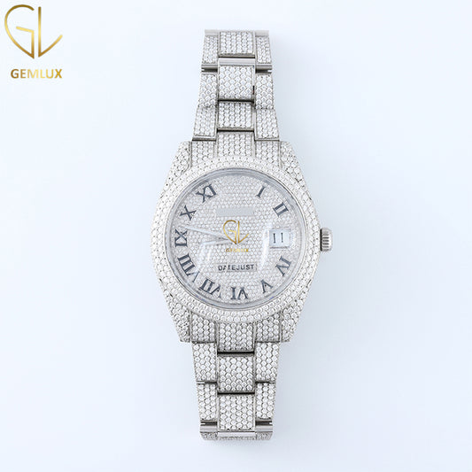 Iced Out Round Bezel Roman Dial Certified Lab Grown Diamond Watch