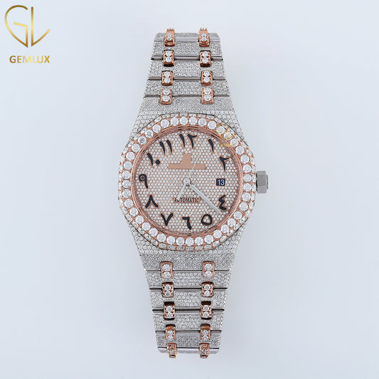 Iced Out Two Tone Rose Gold Arabic Dial Lab Grown Watch