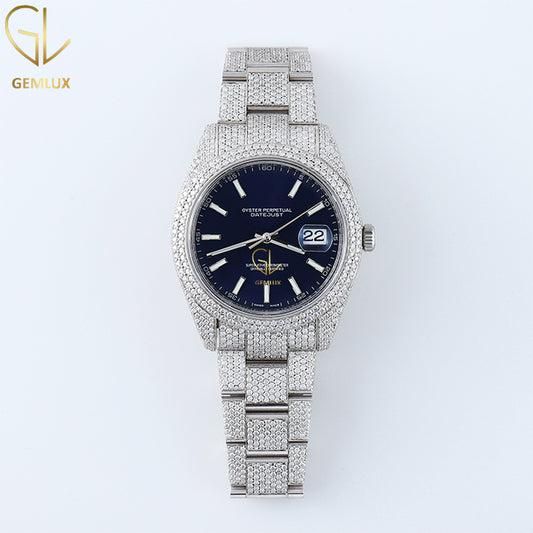 Iced Out VVS Moissanite Diamond Blue Dial Auto Date Hiphop Watch