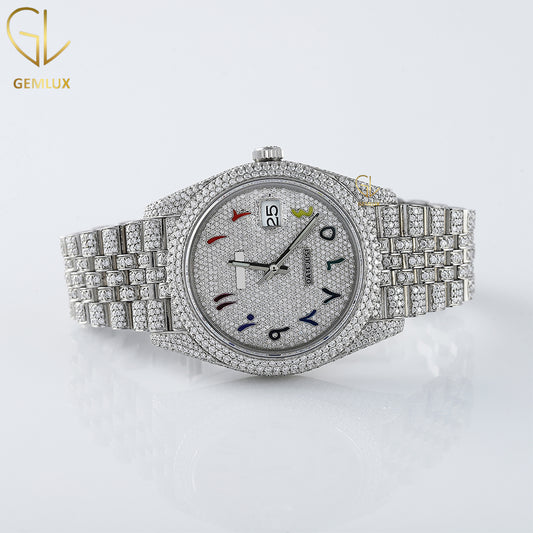Iced Out VVS Moissanite Diamond Rainbow Arabic Dial Hiphop Wrist Watch