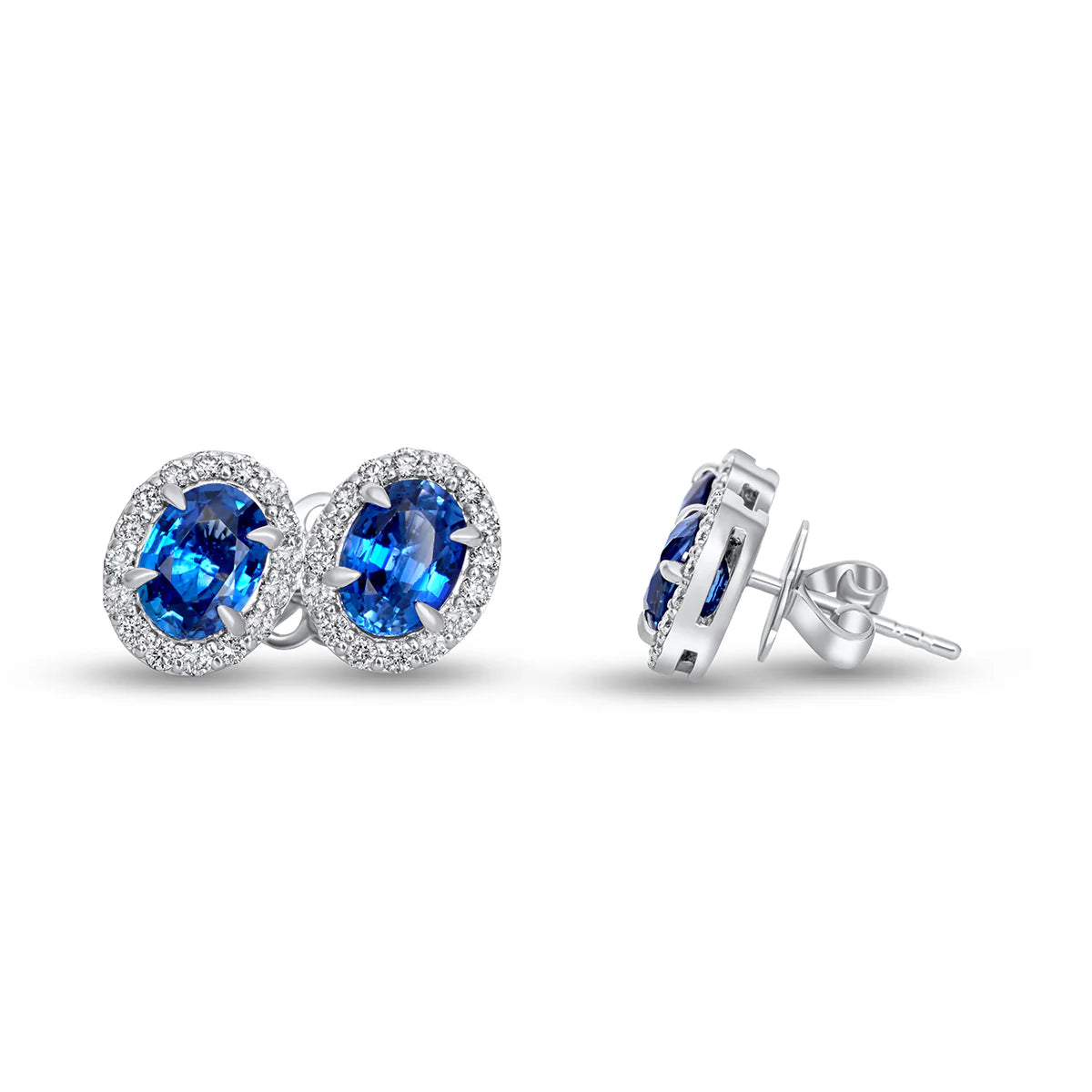 Blue Sapphire Oval Cut Certified Natural Diamond Halo Stud Earrings