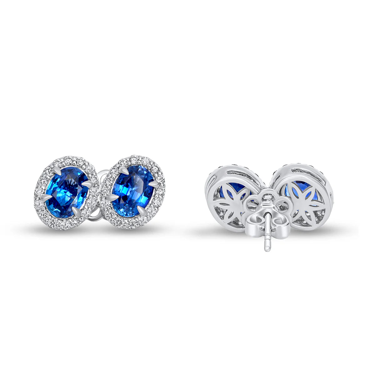 Blue Sapphire Oval Cut Certified Natural Diamond Halo Stud Earrings