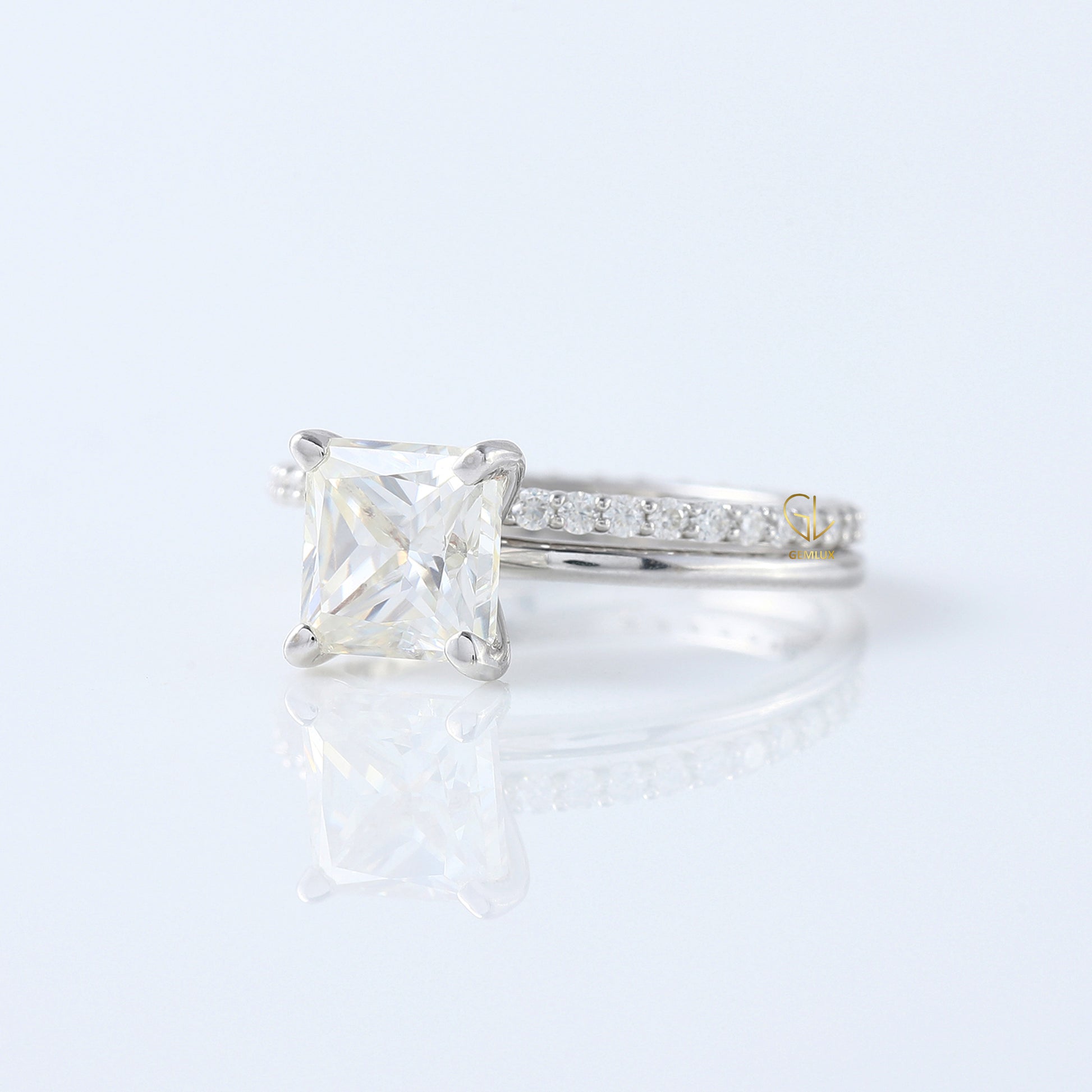 Lab Grown Princess Cut Solitaire Ring With Matching Eternity Ring Set