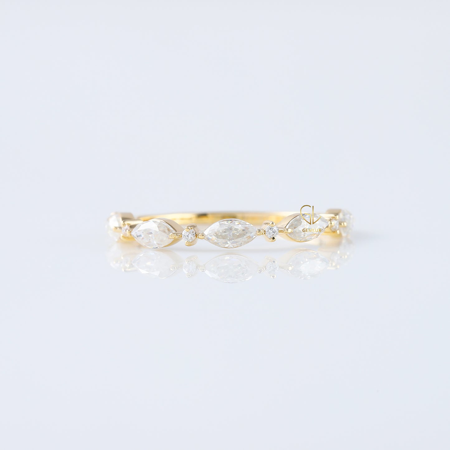 minimalist band, alternative stone eternity band, marquise and round moissanite matching band, yellow gold eternity wedding band