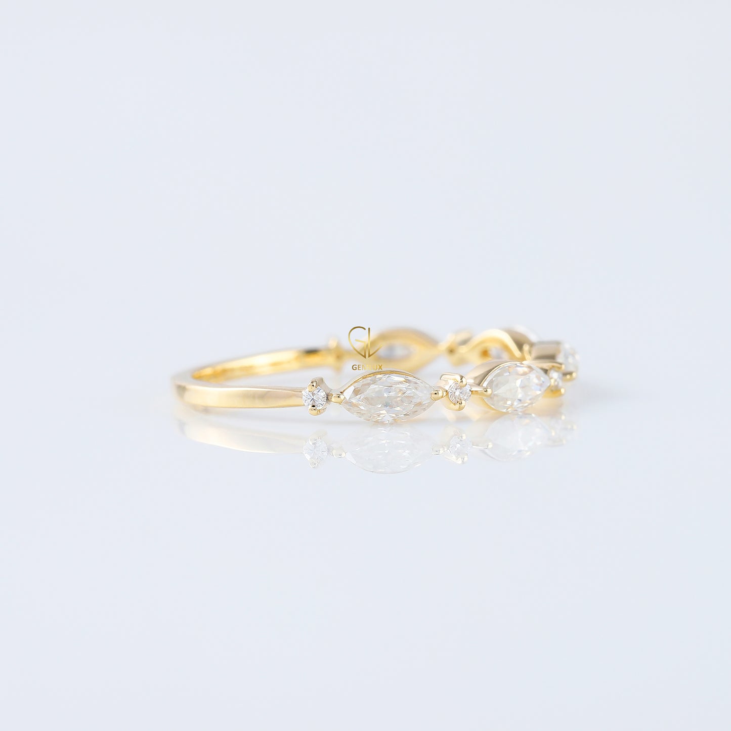 minimalist band, alternative stone eternity band, marquise and round moissanite matching band, yellow gold eternity wedding band;