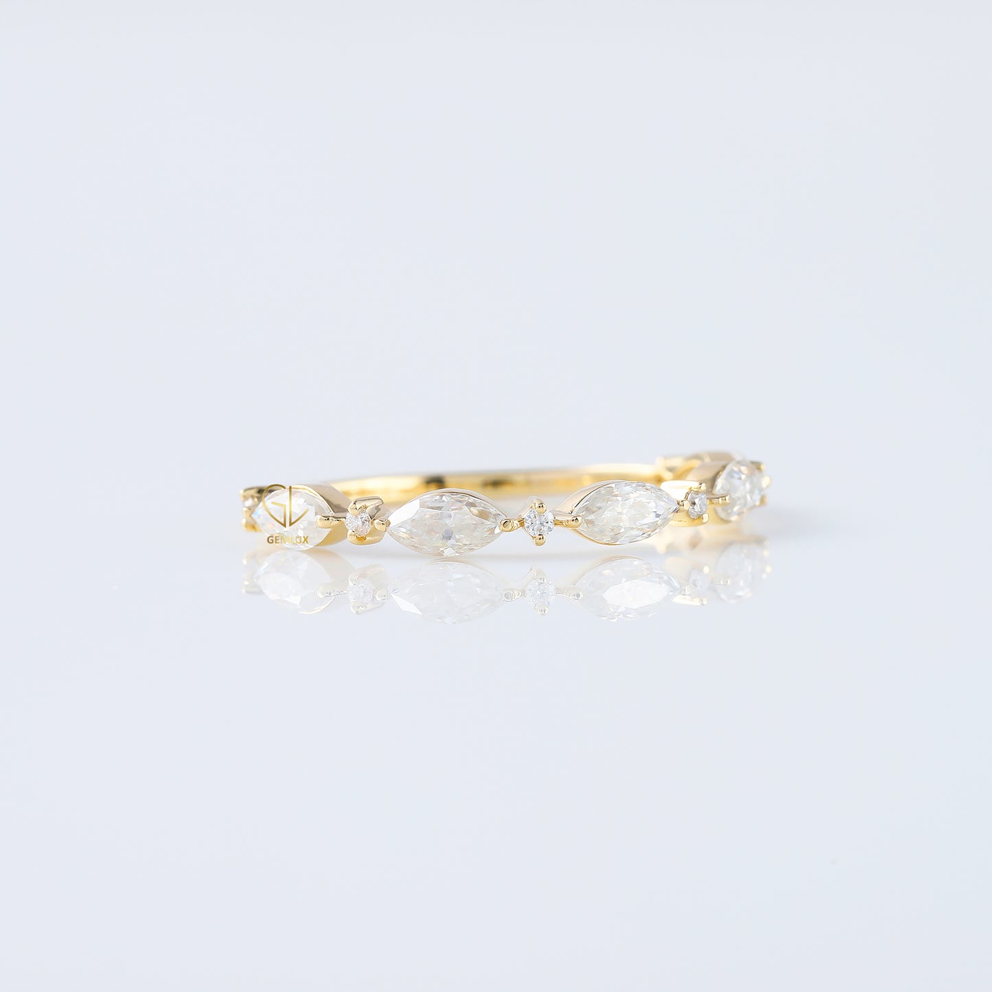 minimalist band, alternative stone eternity band, marquise and round moissanite matching band, yellow gold eternity wedding band;