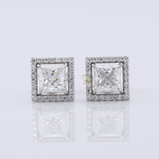 Princess Cut Halo Stud Earrings - White Gold