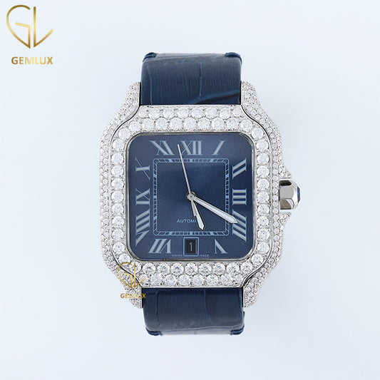 Roman Square Blue Dial Moissanite Diamond Leather Strap Watch