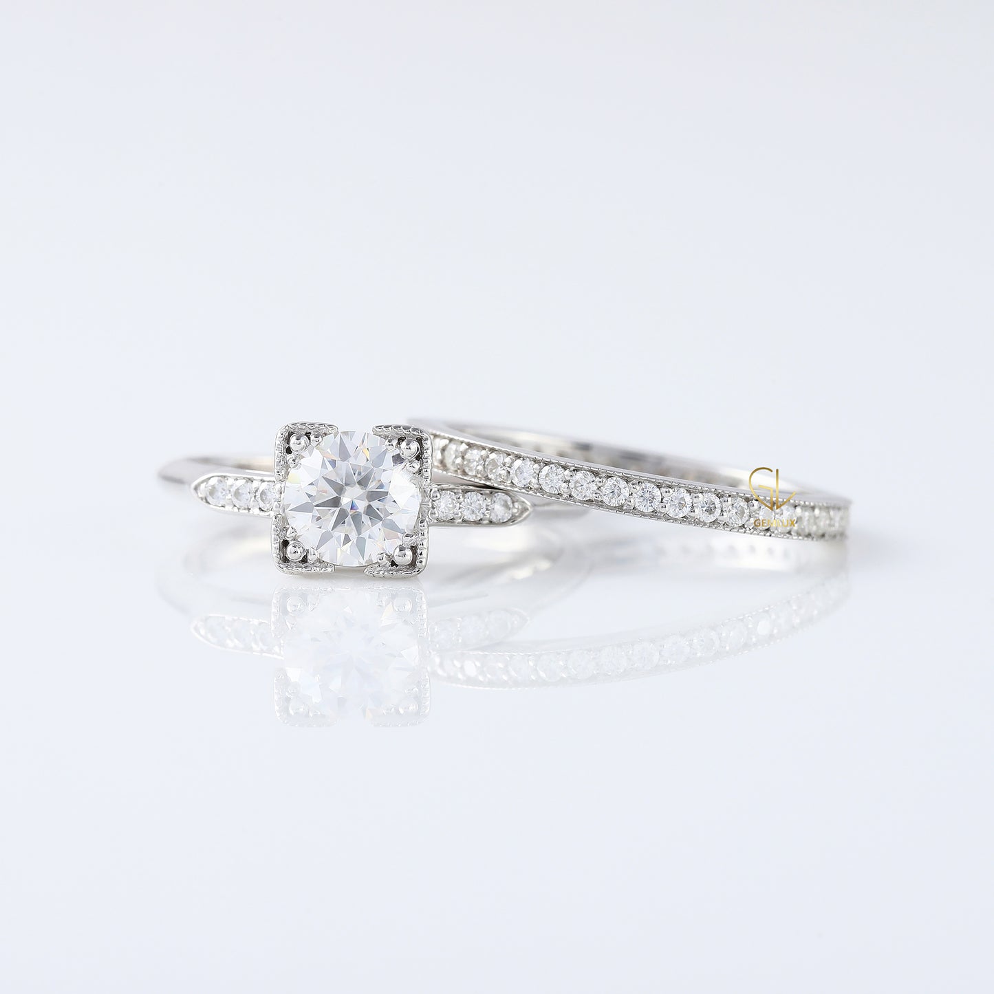 Round Moissanite Art Deco Milgrain Bridal Ring Set
