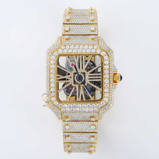Skelton Dial Yellow Gold Plated Iced Out D VVS Moissanite Watch