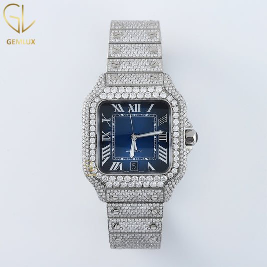 Square Roman Dial Blue Face Iced Out Certified Lab Grown Watch