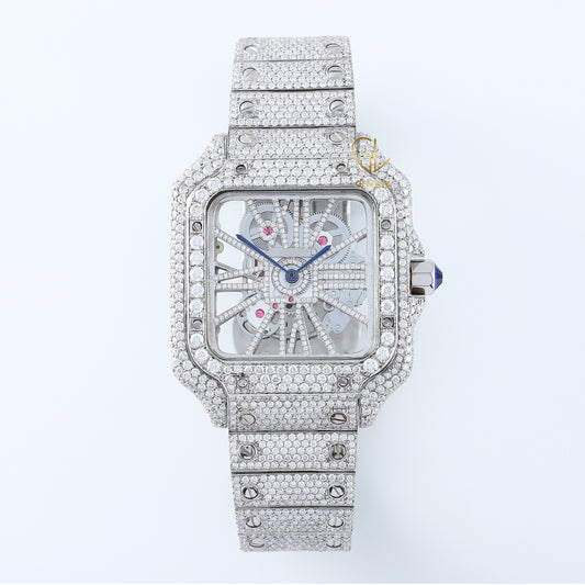 Square Skelton Dial Iced Out VVS Moissanite Diamond Wrist Watch