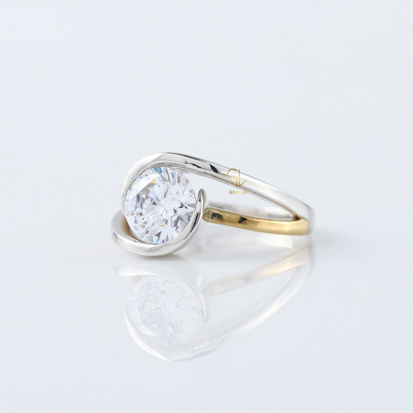 Swirl Bypass Round Moissanite Two Tone Engagement Ring