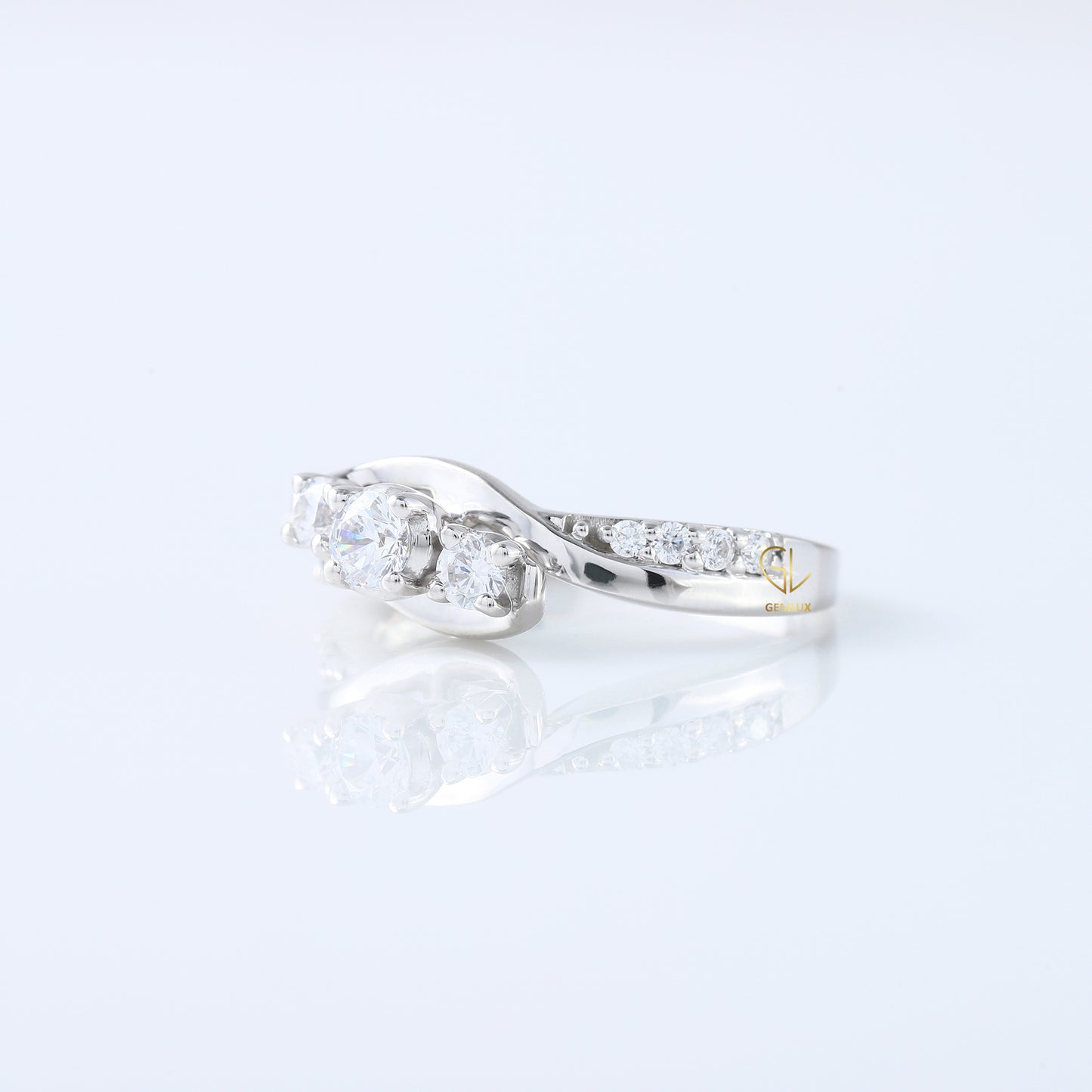 Three Stone Lab Grown Diamond Swirl Bypass Ring, round cut diamond three stone ring