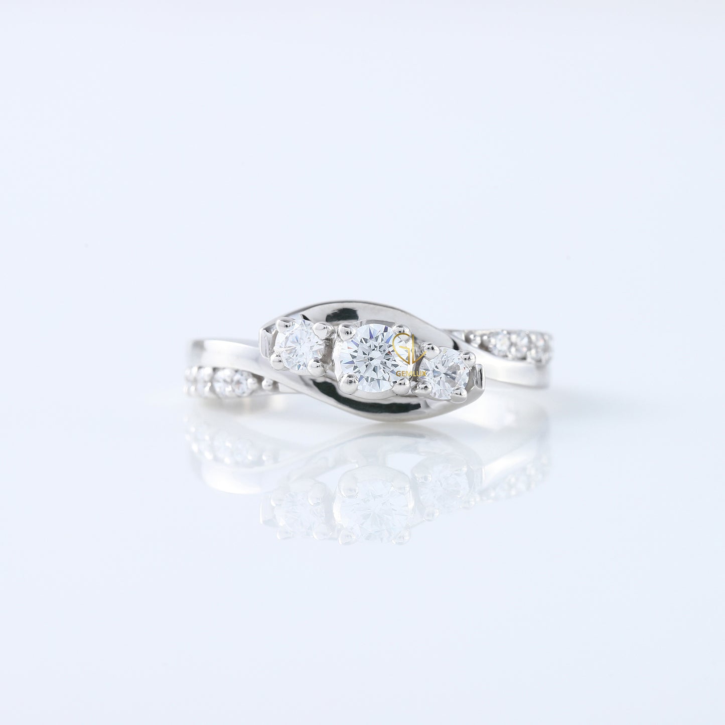 Three Stone Lab Grown Diamond Swirl Bypass Ring, round cut diamond three stone ring