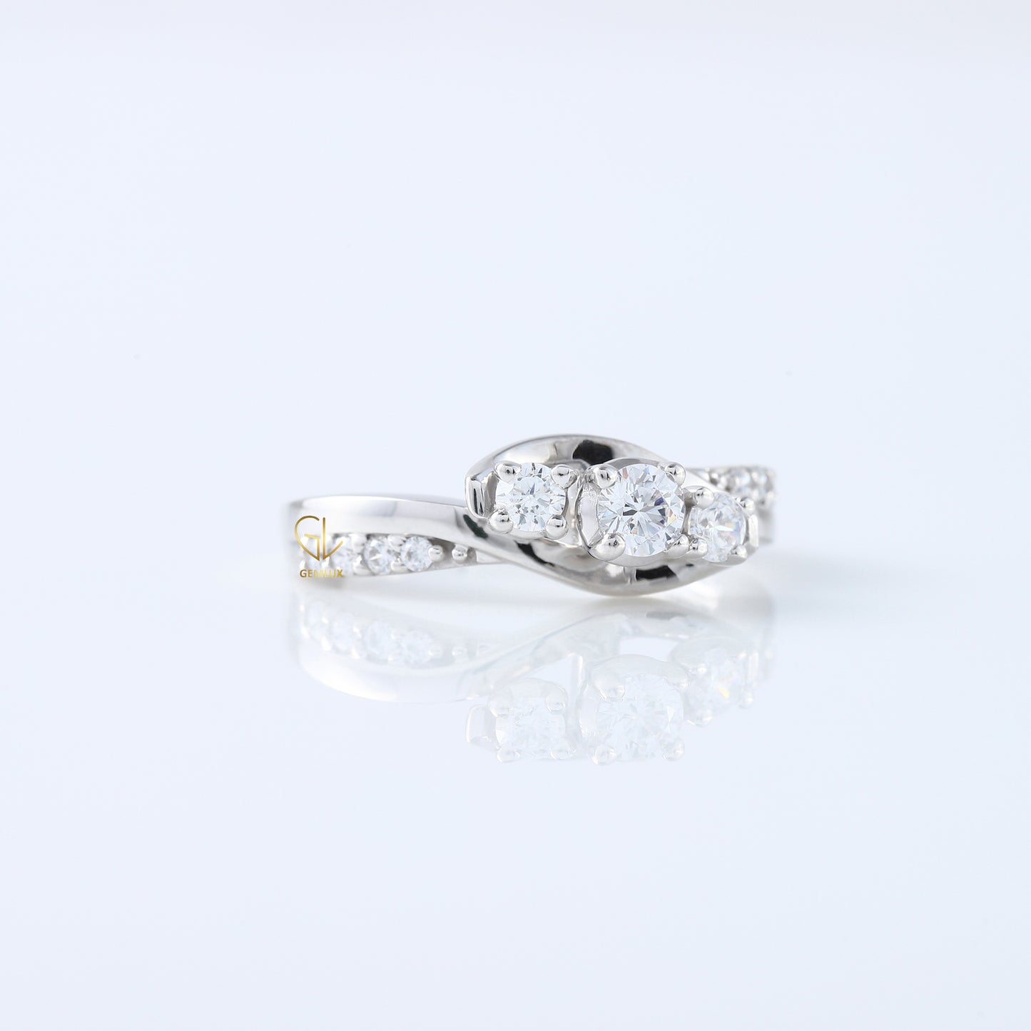 Three Stone Lab Grown Diamond Swirl Bypass Ring, round cut diamond three stone ring