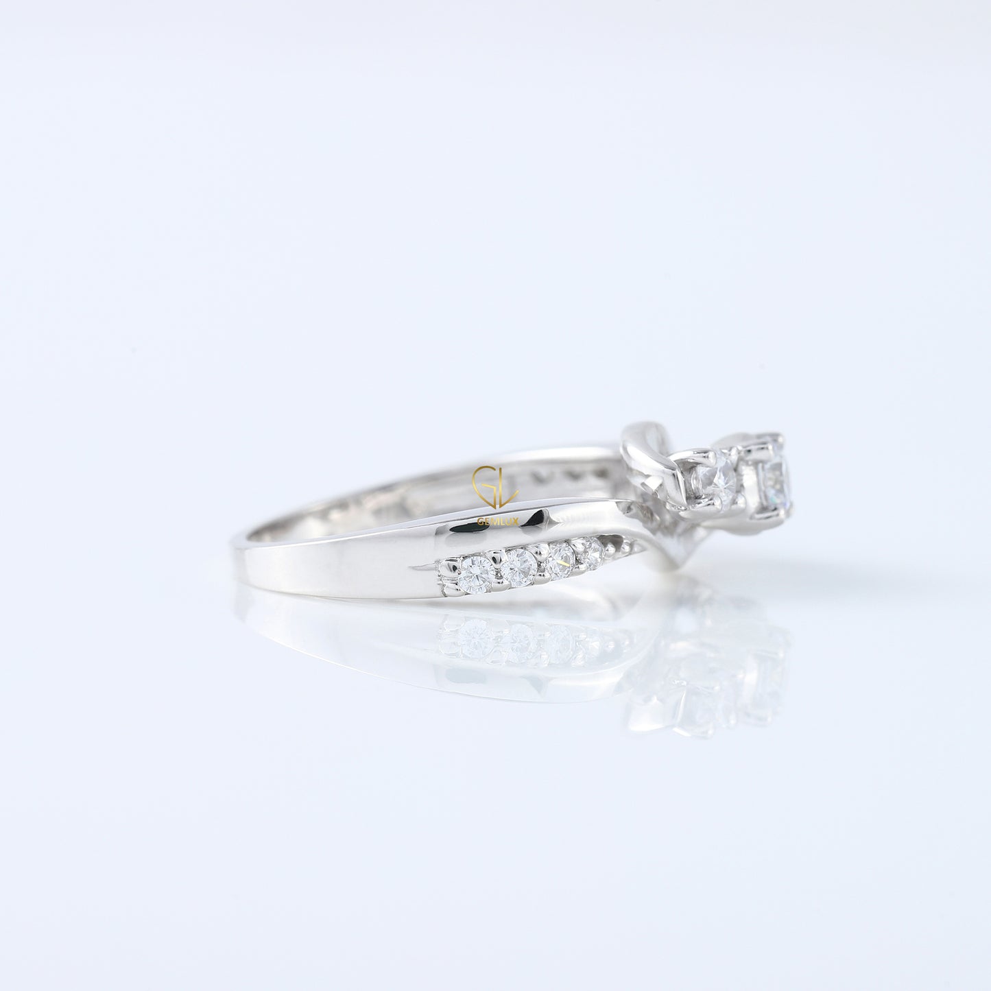 Three Stone Lab Grown Diamond Swirl Bypass Ring, round cut diamond three stone ring