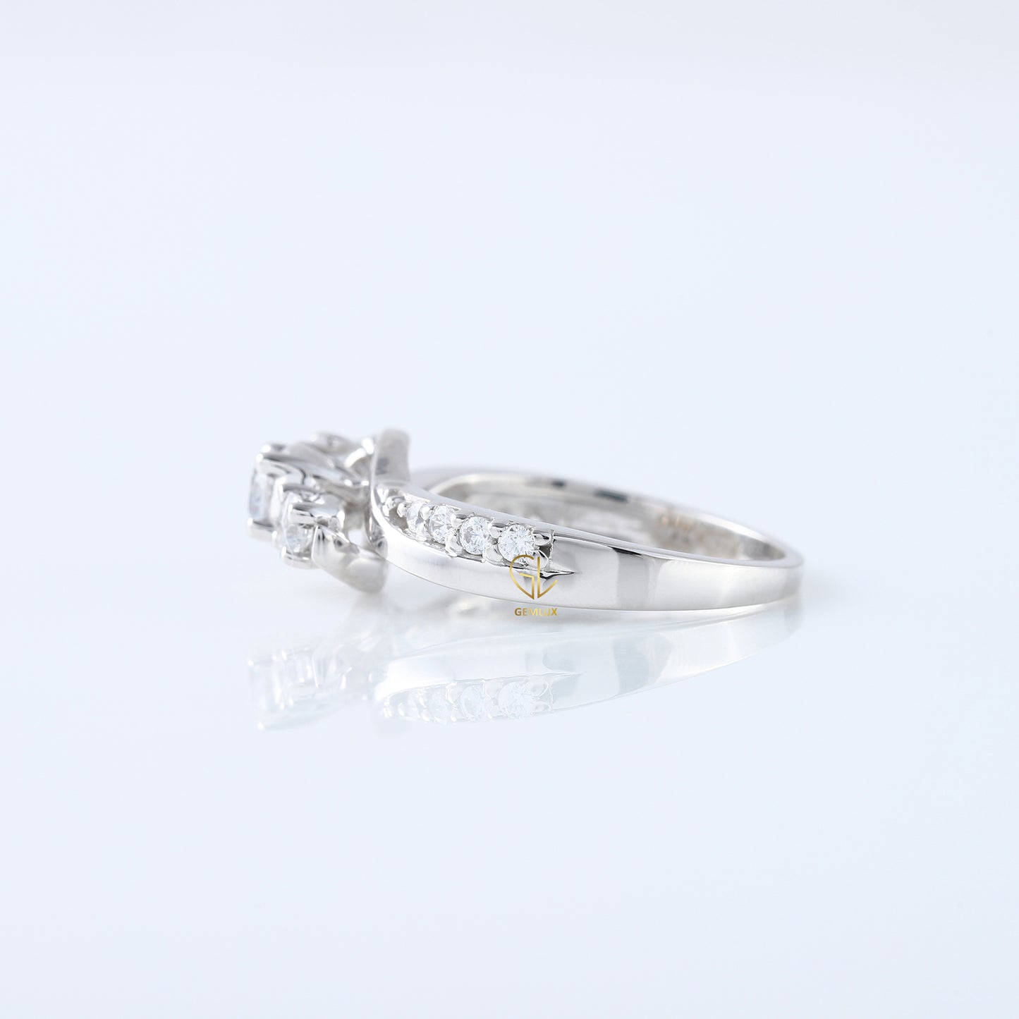 Three Stone Lab Grown Diamond Swirl Bypass Ring, round cut diamond three stone ring