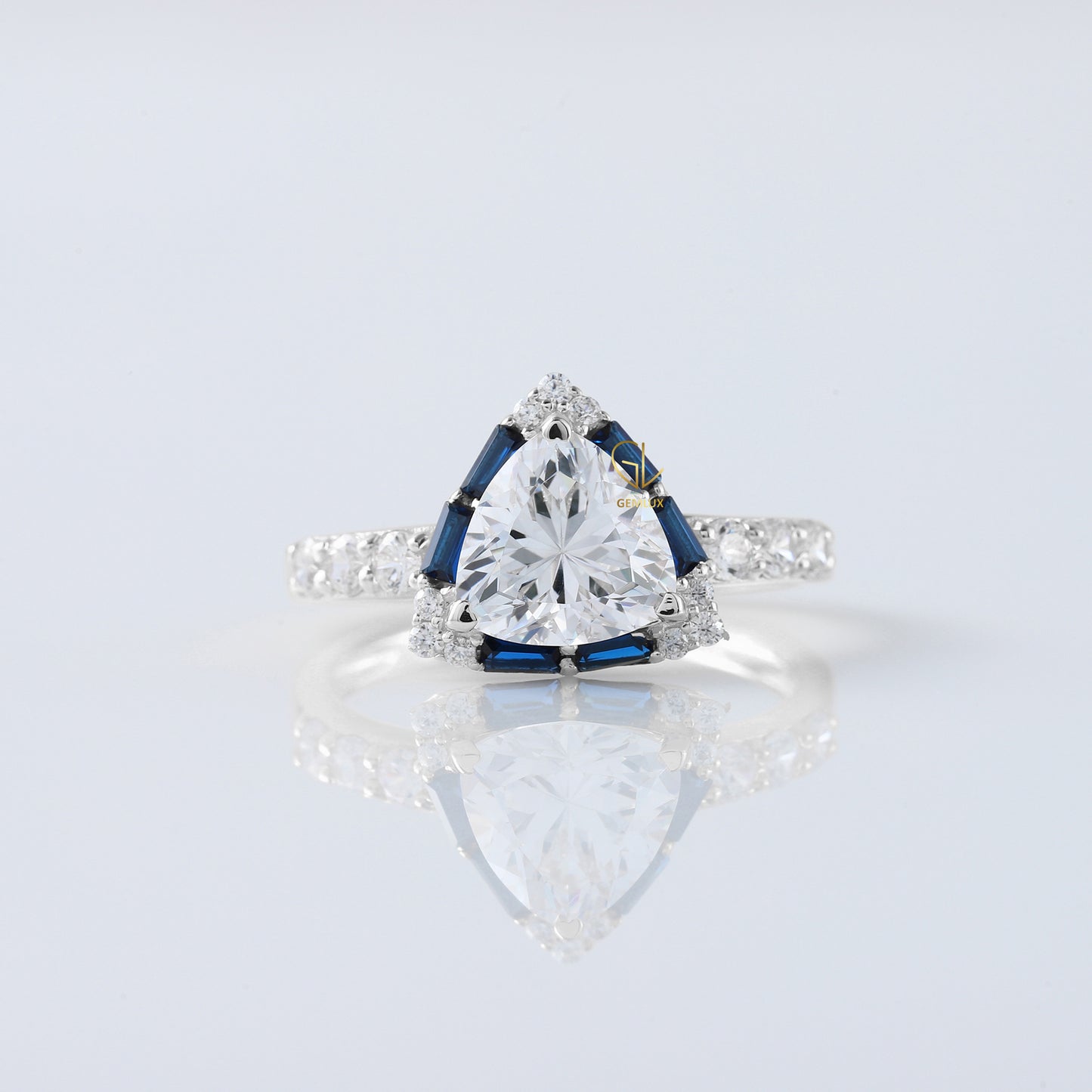 Trillion Cut Moissanite Diamond Halo Engagement Ring