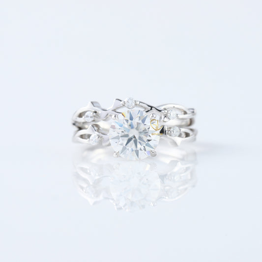 Twig Ring Set, IGI Certified Round Cut Lab Grown Diamond Ring With Matching Eternity Band